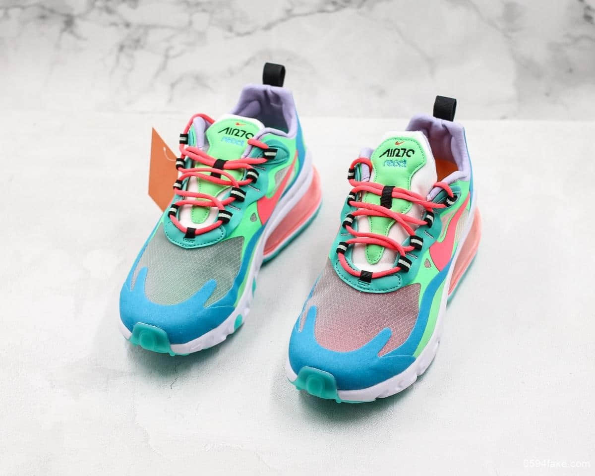 耐克Nike Air Max 270 React绿蓝红公司级 高频网面 复古技能风休闲缓震鞋 货号:AT6174-300