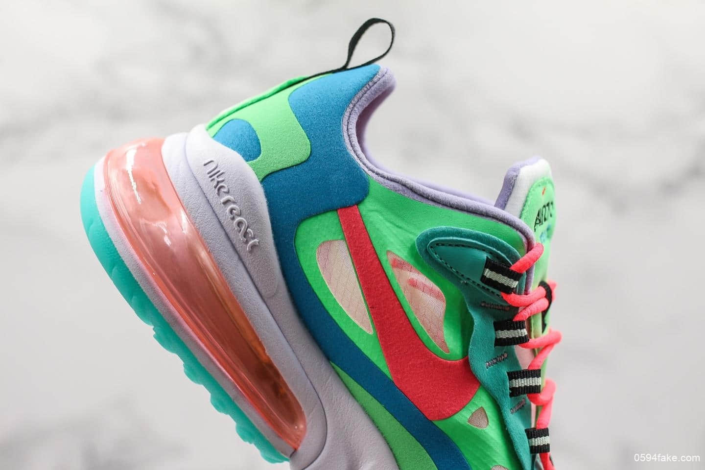 耐克Nike Air Max 270 React绿蓝红公司级 高频网面 复古技能风休闲缓震鞋 货号:AT6174-300