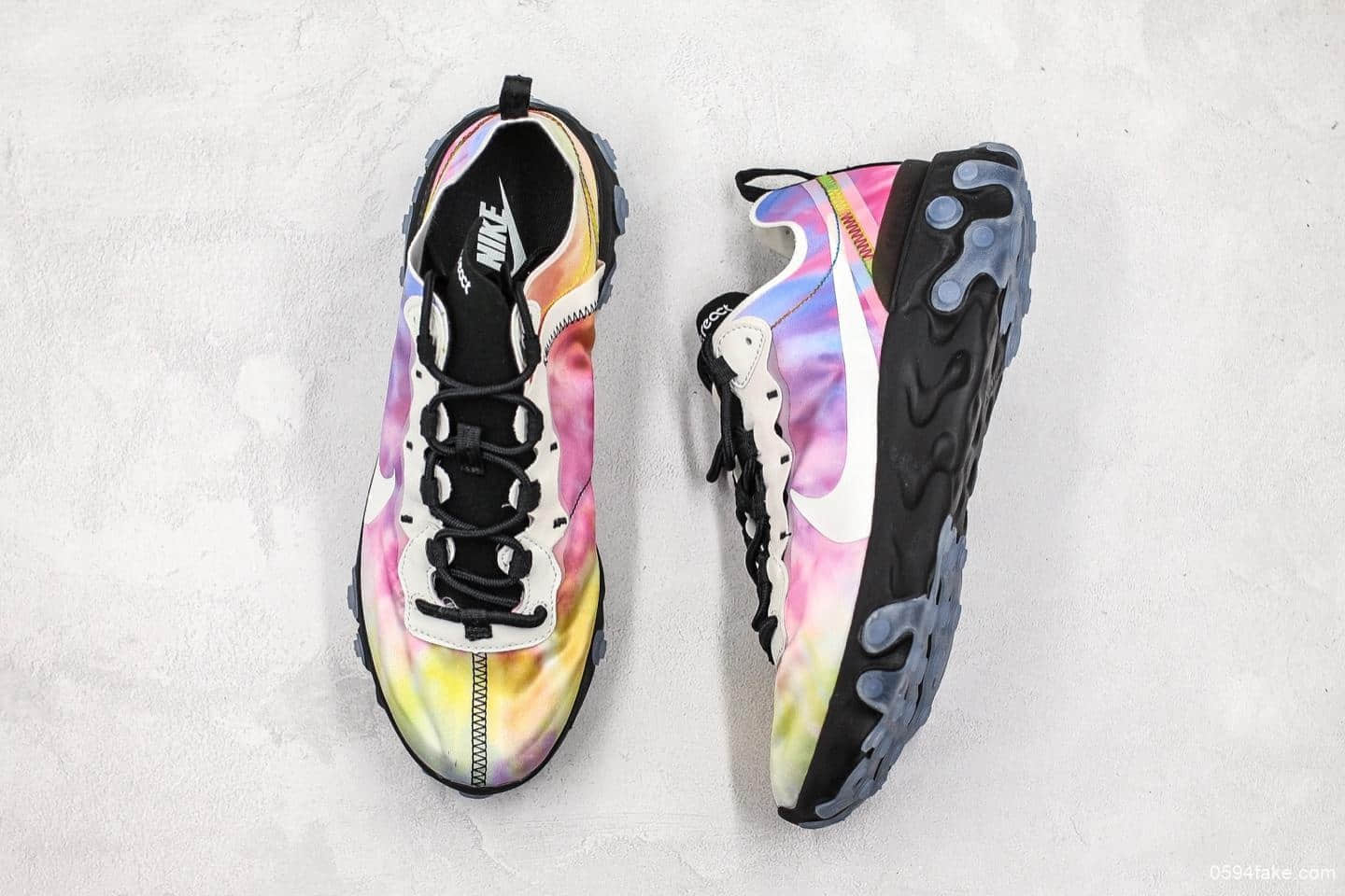 耐克Nike React Element 55 PRM SU19“Tie Dye”高桥盾联名彩虹炫彩扎染跑鞋公司级带半码原厂韩国进口纱网 货号:CJ6896-901