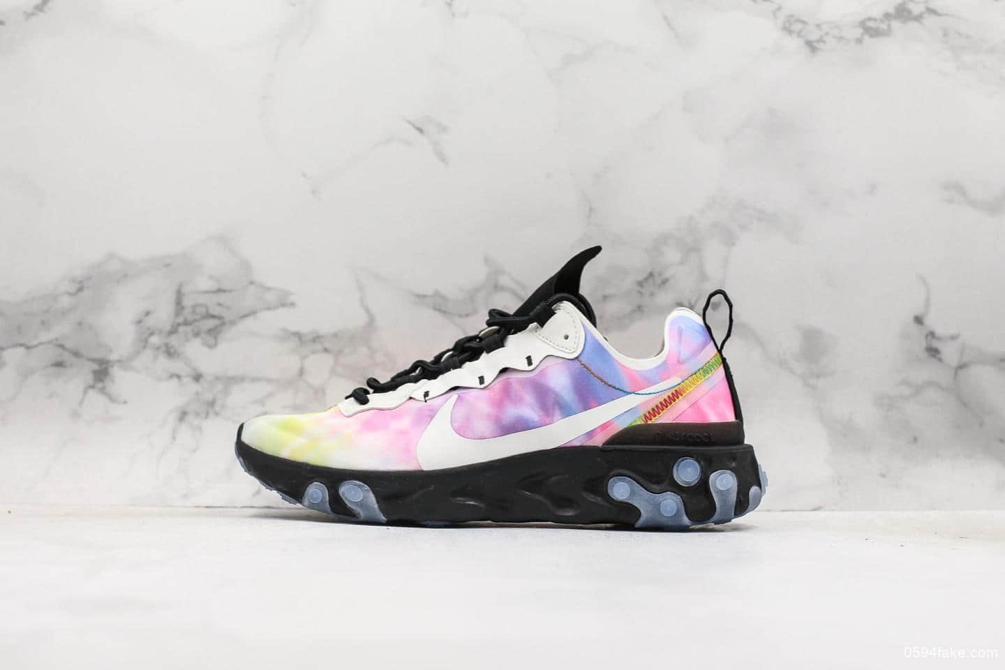 耐克Nike React Element 55 PRM SU19“Tie Dye”高桥盾联名彩虹炫彩扎染跑鞋公司级带半码原厂韩国进口纱网 货号:CJ6896-901