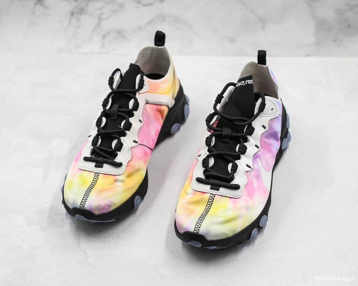 耐克Nike React Element 55 PRM SU19“Tie Dye”高桥盾联名彩虹炫彩扎染跑鞋公司级带半码原厂韩国进口纱网 货号:CJ6896-901