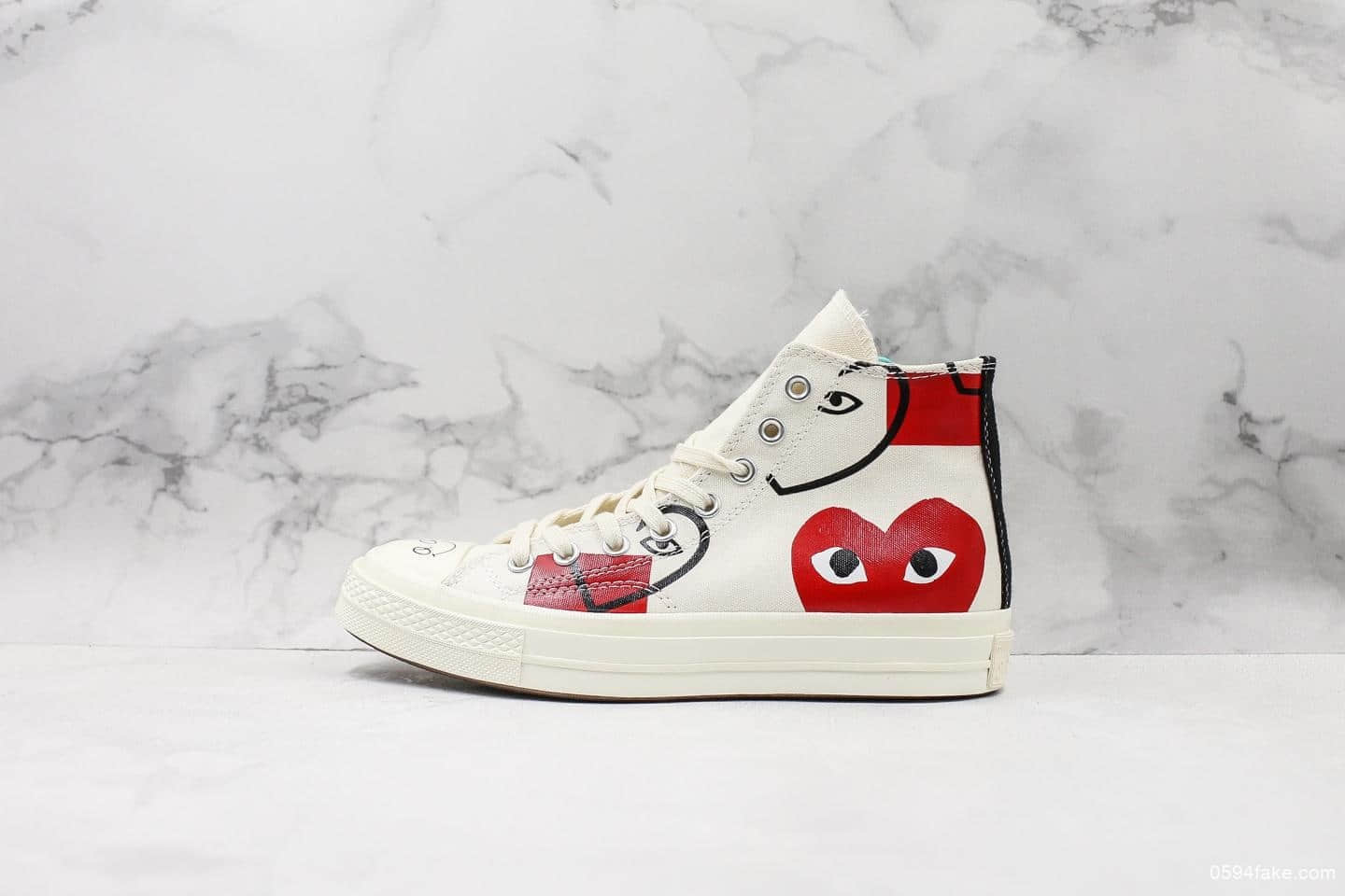 匡威敏感内容G Play x CONVERSE 1970s川久保玲联名爱心涂鸦高帮帆布休闲鞋公司级带半码全新大盒版本原厂硫化双围条蓝底 (ID:13076) - 图片1