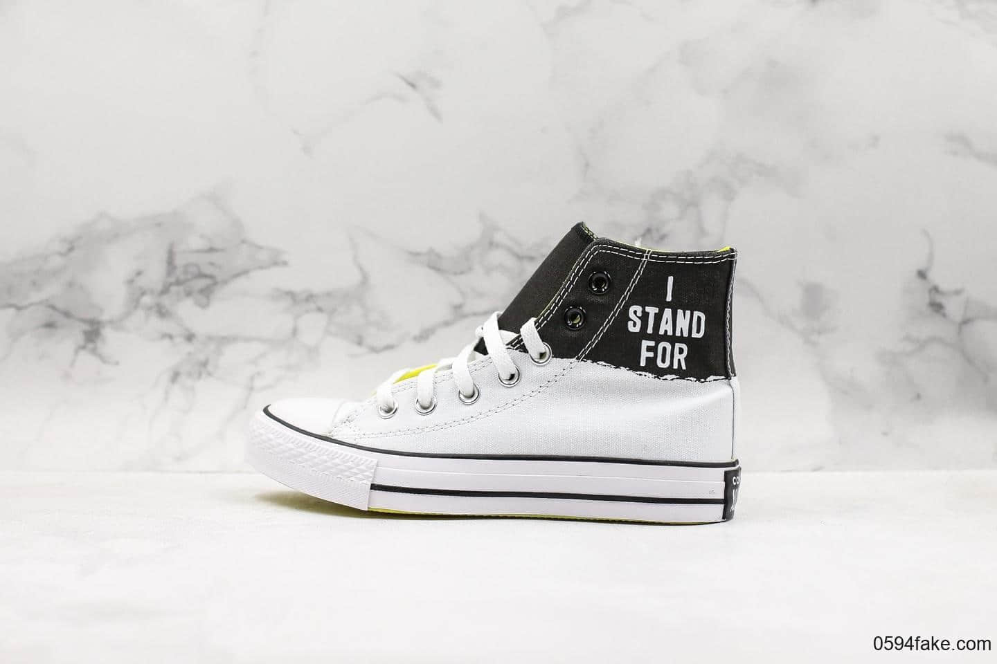 匡威Converse Chuck Taylor All Star I Stand For High White Black Fresh Yellow真标硫化版本明星黑白拼接帆布鞋 (ID:14888) - 图片1