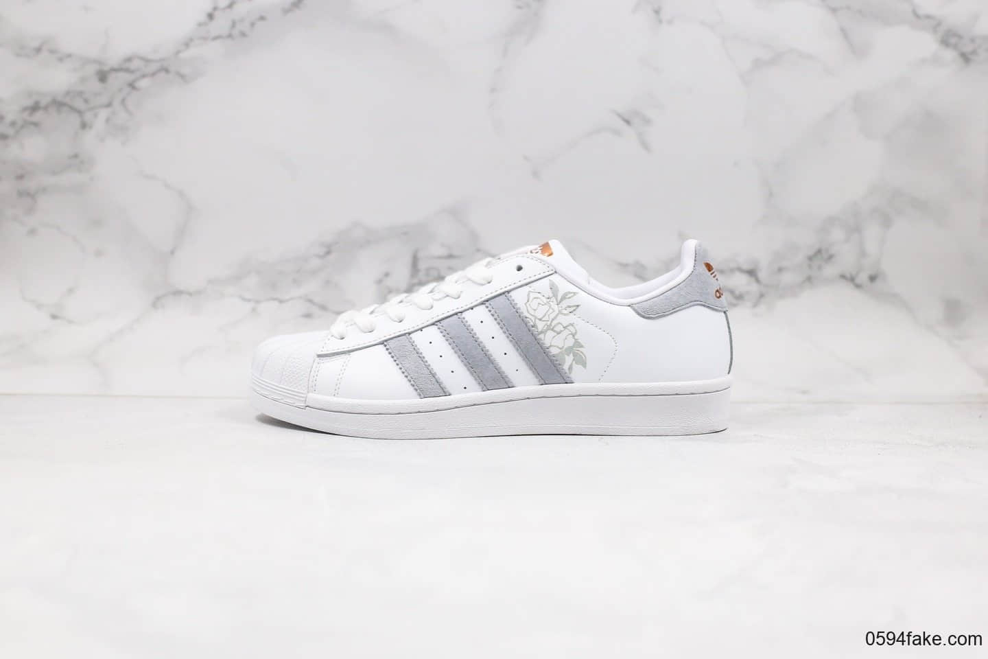 阿迪达斯Adidas SUPERSTAR W纯原版本三叶草贝壳头花卉浅棕灰色正确PU蓝底原档案数据开发 (ID:29917) - 图片1