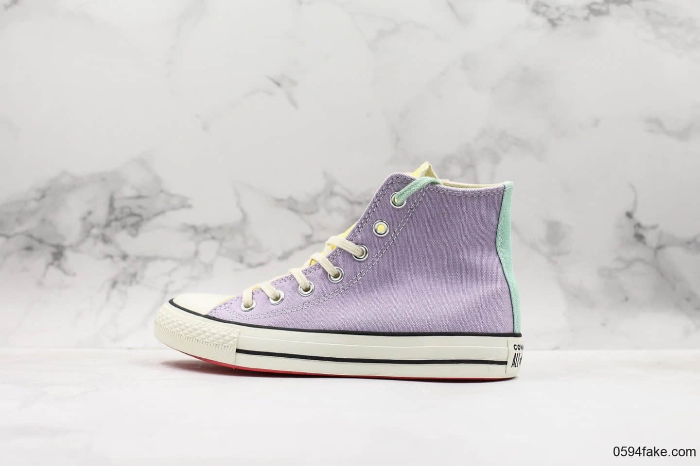 匡威Converse Chuck Taylor All Star公司级版本高帮帆布鞋阴阳鸳鸯双面拼接粉紫配色蓝底双鞋带 货号:163977C