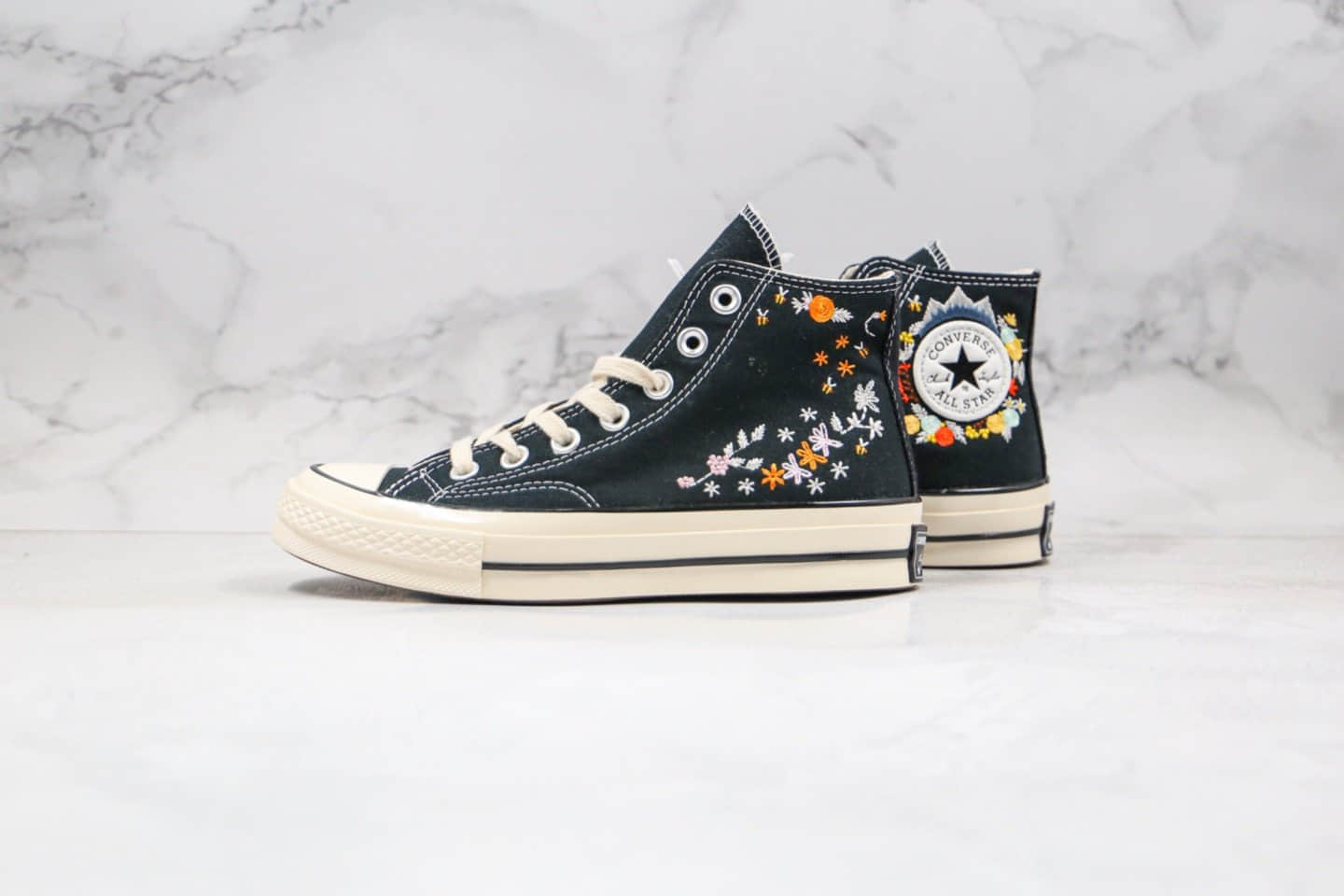 匡威Converse Chuck 1970s公司级版本刺绣花卉黑色高帮帆布鞋双围条原厂硫化蓝底 (ID:34503) - 图片1