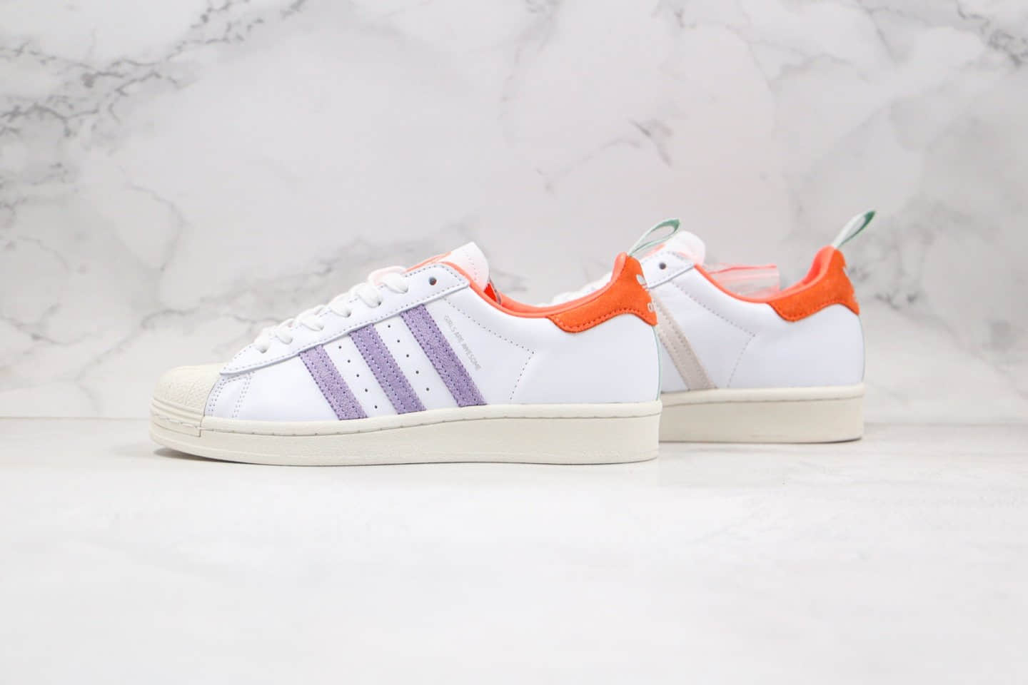 阿迪达斯Adidas Originals Superstar纯原版本三叶草贝壳头50周年米白科技紫橙鸳鸯配色板鞋原盒原标 (ID:45296) - 图片1