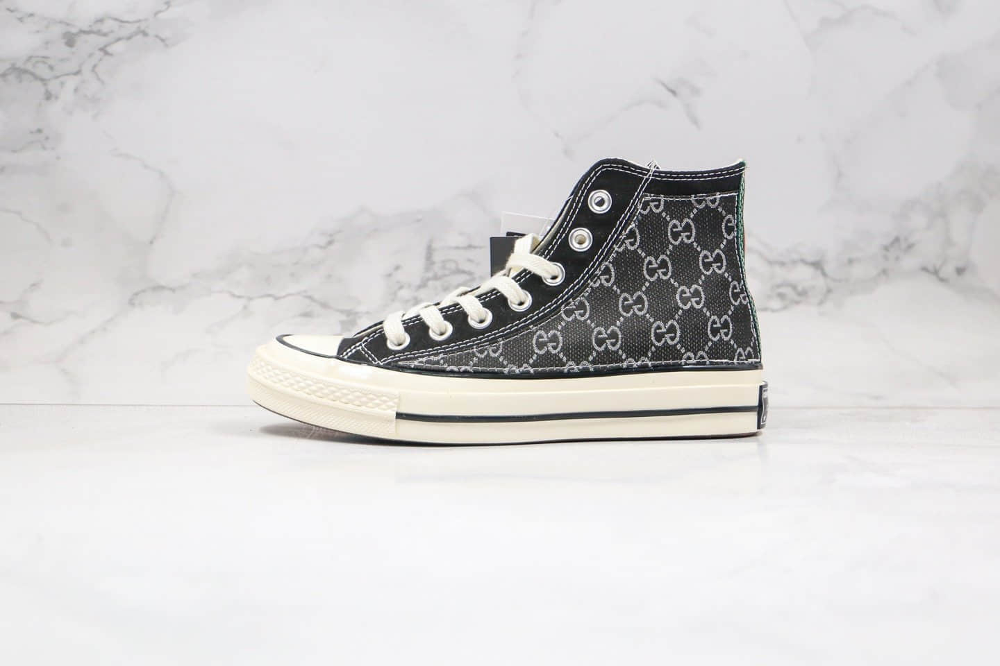 匡威CONVERSE X Gucci纯原版本古驰联名款高帮黑色红绿条后跟硫化帆布鞋原盒原标原楦头纸板打造 (ID:46722) - 图片1