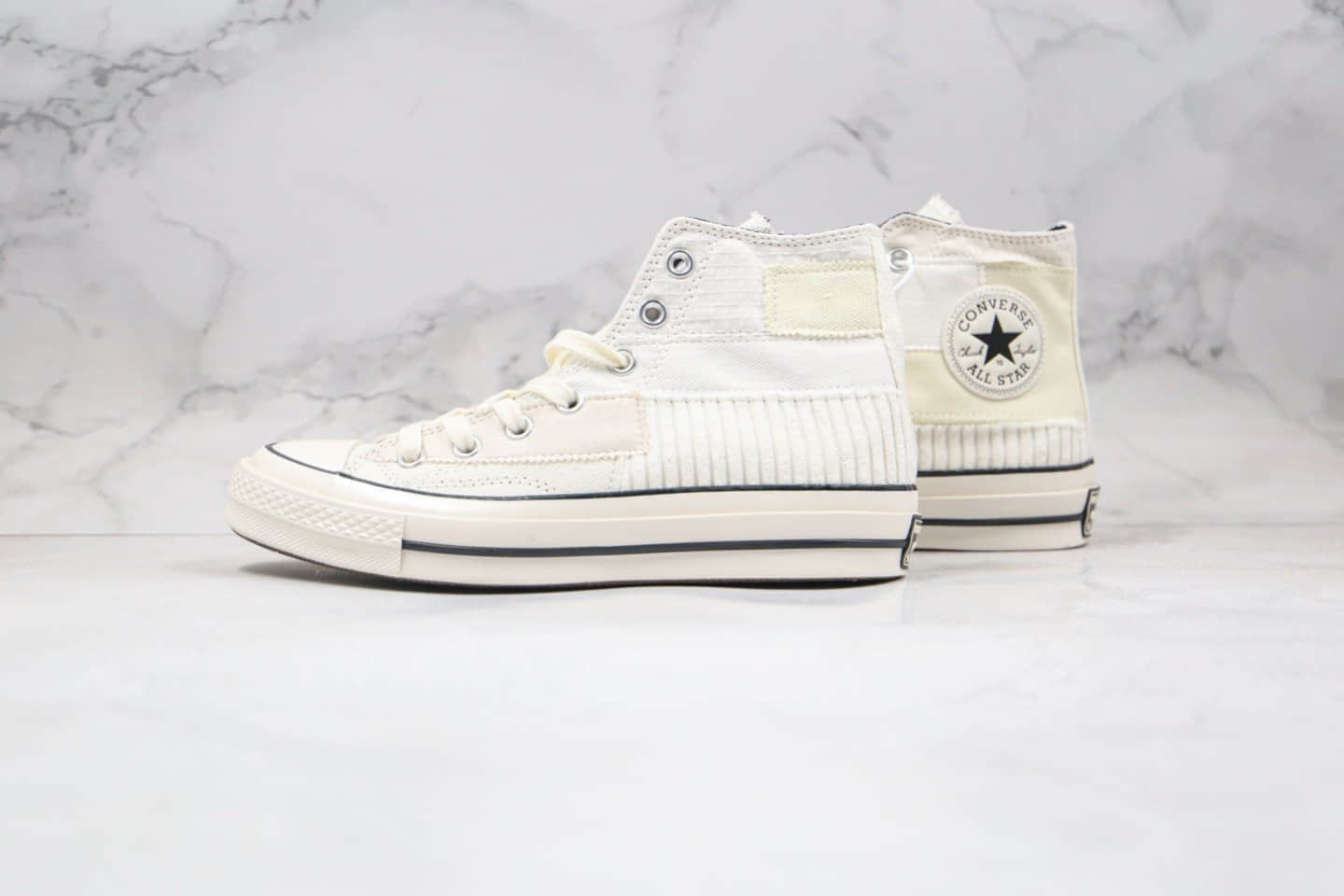 匡威Converse Chunk 1970s公司级版本高帮奶白色布绒拼接硫化帆布鞋正确双围条硫化蓝底 货号:167139C