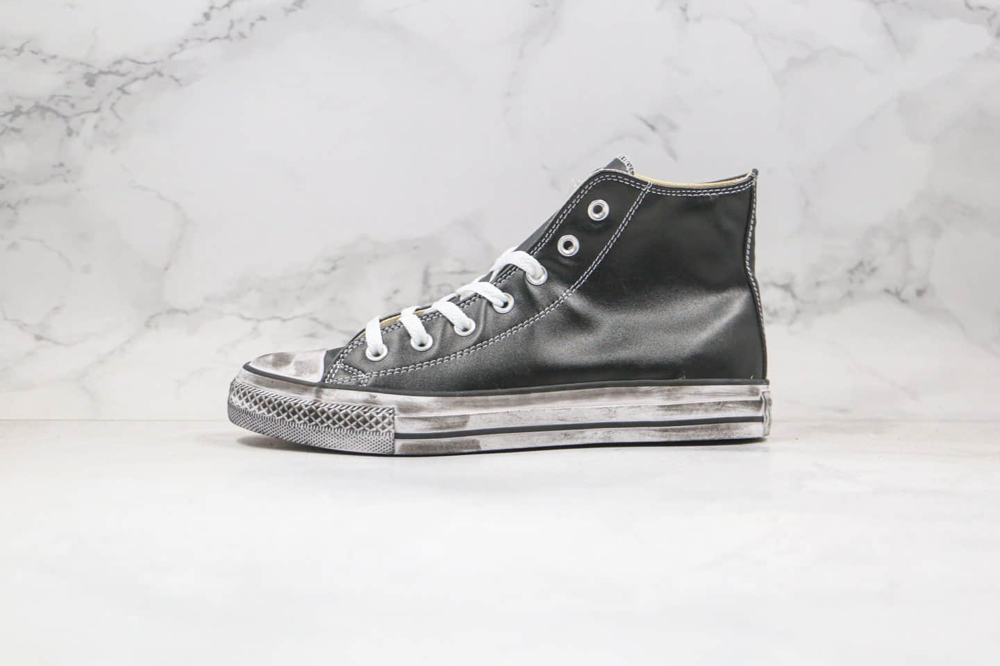 匡威Converse Taylor All Star公司级版本高帮板鞋水洗做旧皮面脏鞋黑色蓝底双围条 (ID:52468) - 图片1