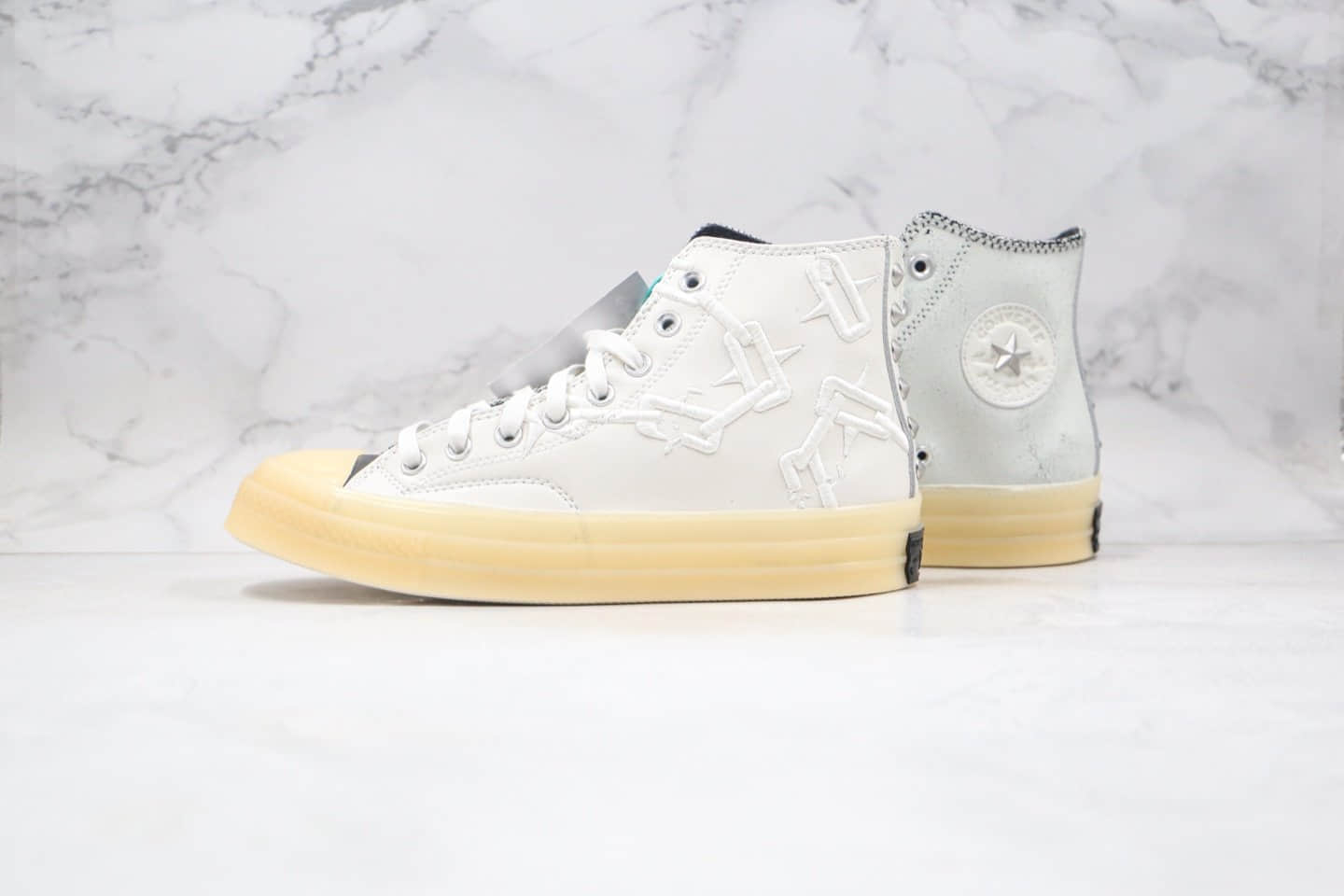 匡威Russell Westbrook x Air Jordan x Converse Chuck Translucent Midsole 1970 High Why Not三方联名款公司级版本白灰黑色皮革刺绣铁网果冻水晶底板鞋 (ID:55172) - 图片1