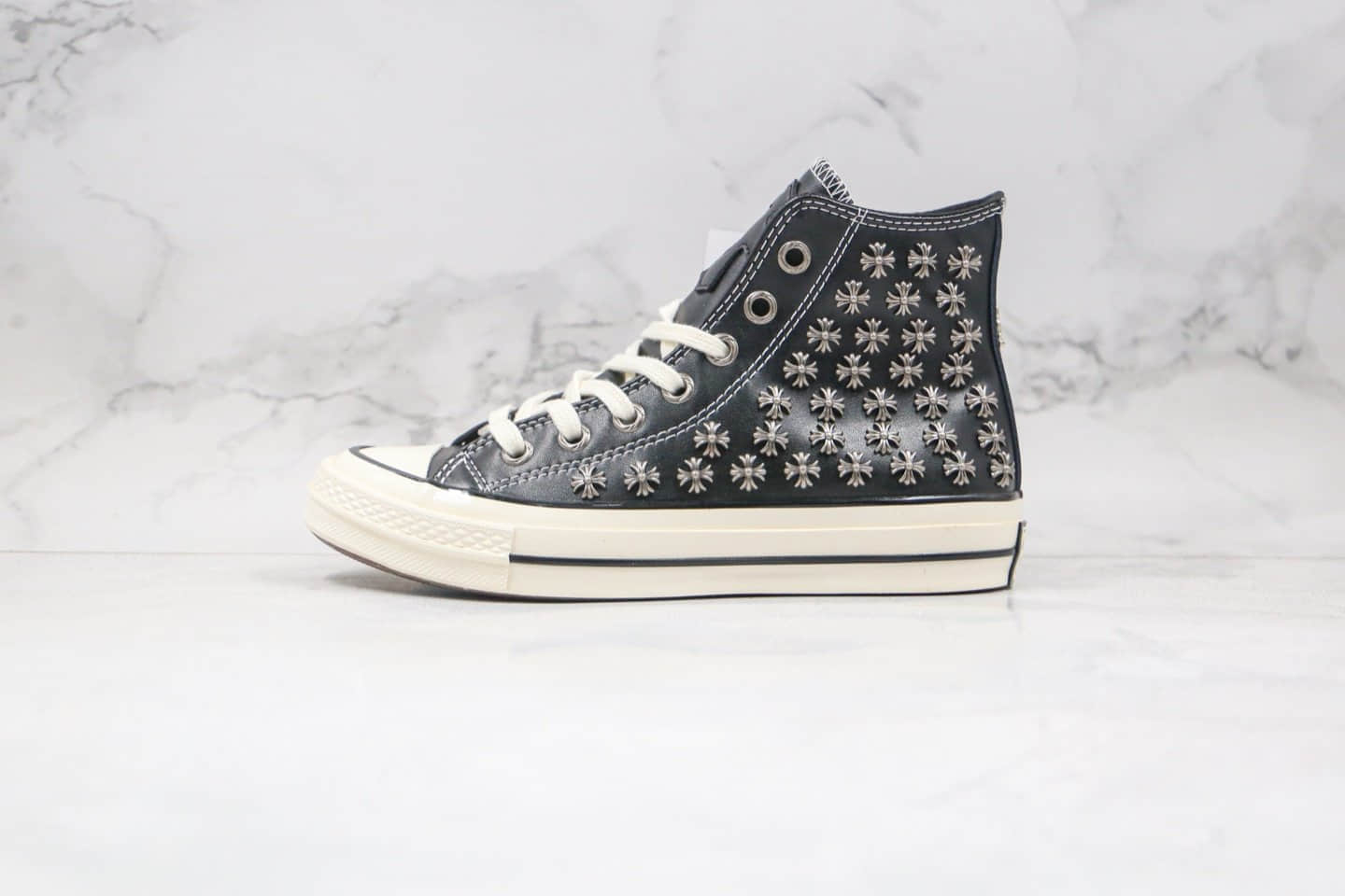 匡威Chrome Heart X Converse Chuck 70公司级版本克罗心联名皮面板鞋黑色蓝底双围条 (ID:55306) - 图片1