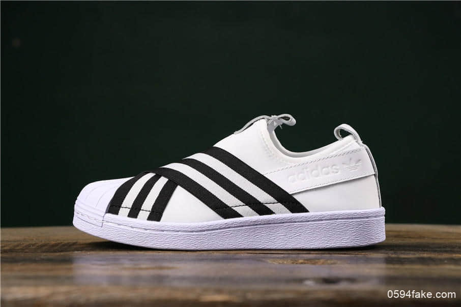阿迪达斯Adidas SUPERSTAR SLIP ON W S贝壳头公司级交叉绑带白黑条纹时尚情侣休闲板鞋 (ID:5921) - 图片1