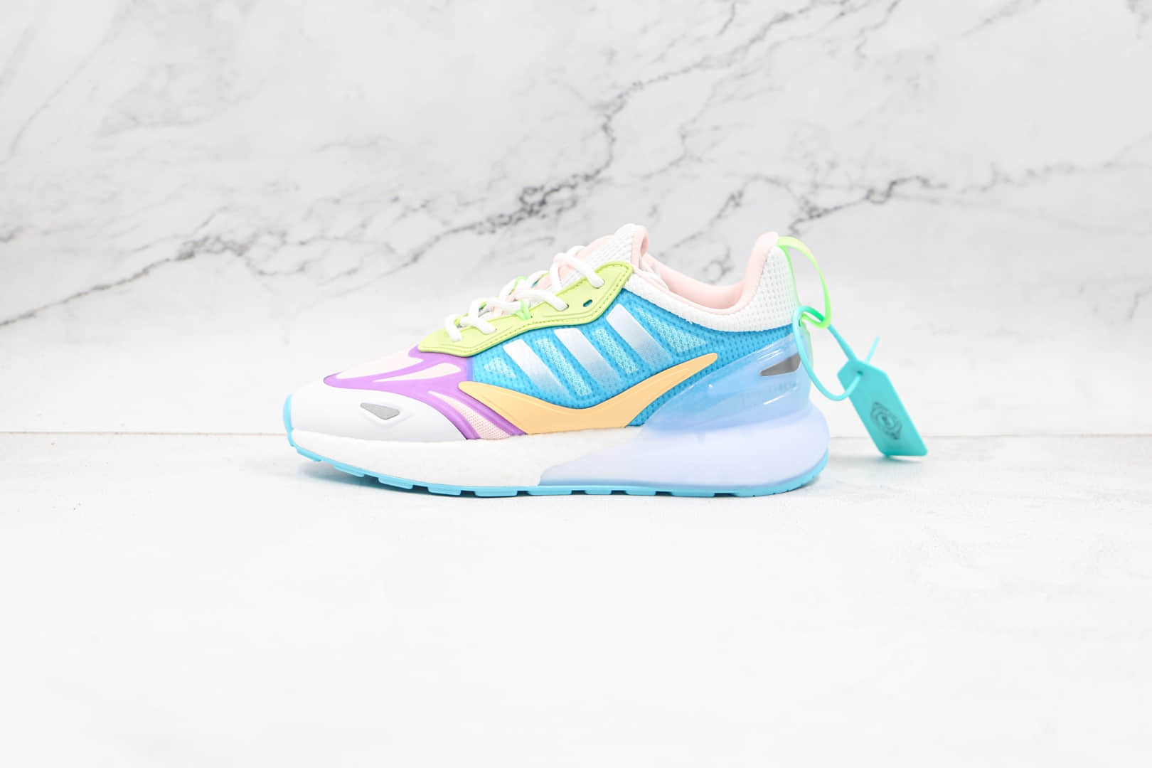 阿迪达斯Adidas Originals ZX 2K Boost 2.0纯原版本三叶草ZX 2K白蓝粉黄绿色彩色拼接爆米花跑鞋原档案数据开发 货号:GZ7502